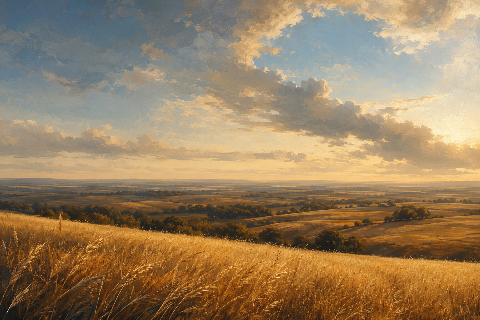 Painterly landscape of amber grain fields beneath a wide blue sky, evoking ethical patriotism, gratitude, and inheritance.