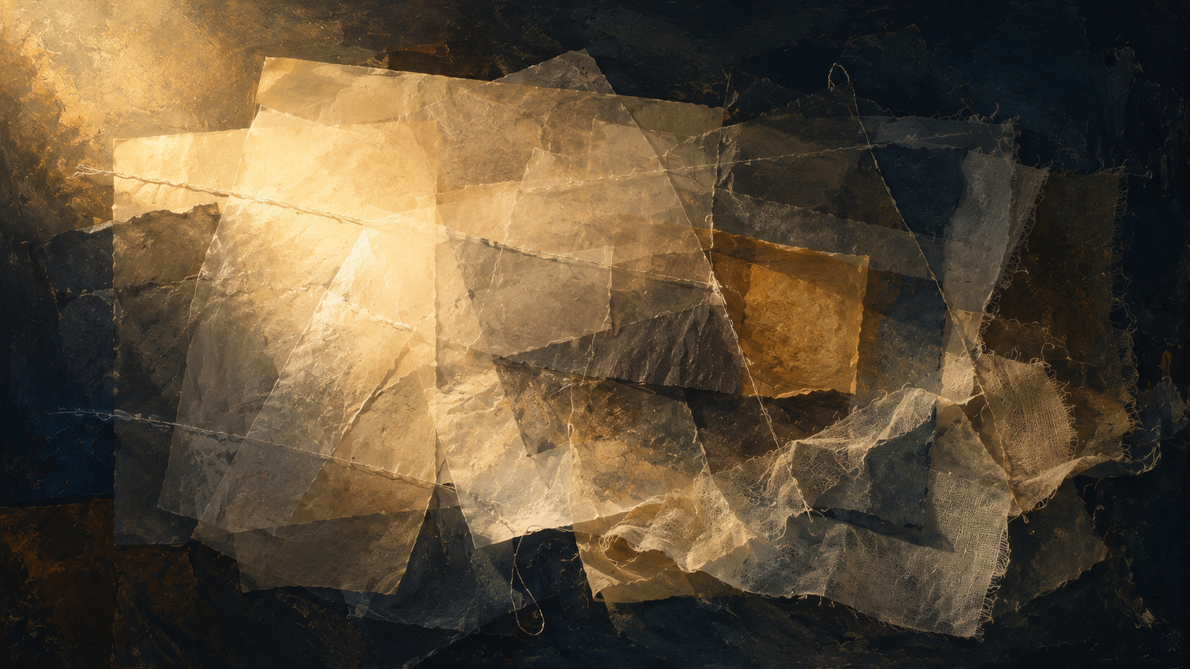Abstract editorial image evoking story, truth, contradiction, identity, and perspective.